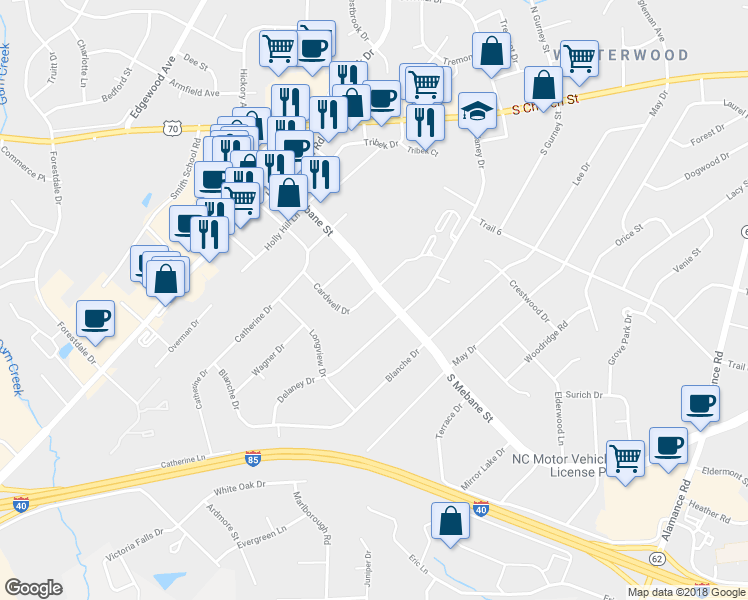 map of restaurants, bars, coffee shops, grocery stores, and more near 3412 South Mebane Street in Burlington