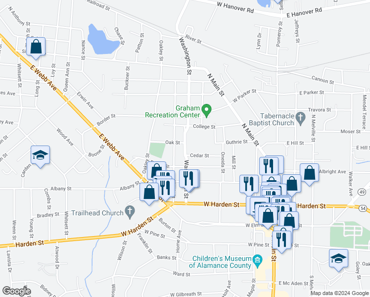 map of restaurants, bars, coffee shops, grocery stores, and more near 420 Washington Street in Graham