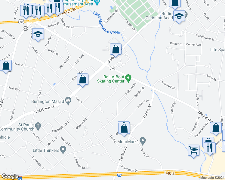map of restaurants, bars, coffee shops, grocery stores, and more near 1743 Malone Road in Burlington