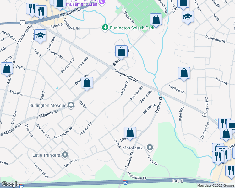 map of restaurants, bars, coffee shops, grocery stores, and more near 1743 Malone Road in Burlington
