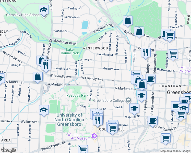 map of restaurants, bars, coffee shops, grocery stores, and more near 206 Adams Street in Greensboro
