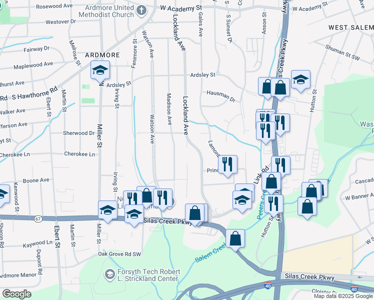 map of restaurants, bars, coffee shops, grocery stores, and more near 1212 Lockland Terrace in Winston-Salem