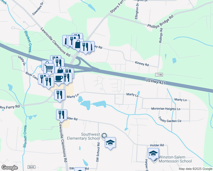 map of restaurants, bars, coffee shops, grocery stores, and more near 1433 King Charles Drive in Clemmons