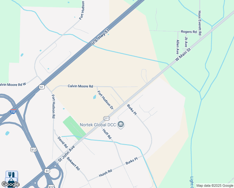 map of restaurants, bars, coffee shops, grocery stores, and more near 115 Burks Place in Dyersburg