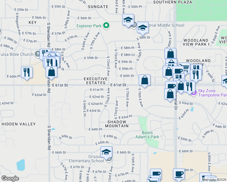 map of restaurants, bars, coffee shops, grocery stores, and more near 7307 East 61st Place in Tulsa