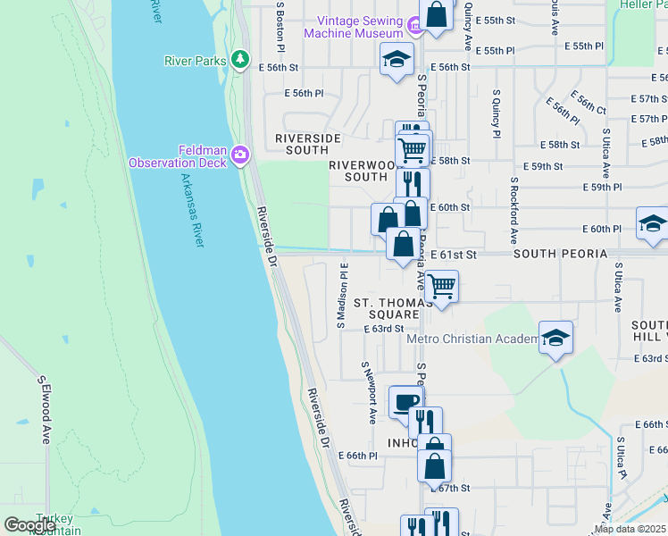map of restaurants, bars, coffee shops, grocery stores, and more near 958 East 61st Street in Tulsa