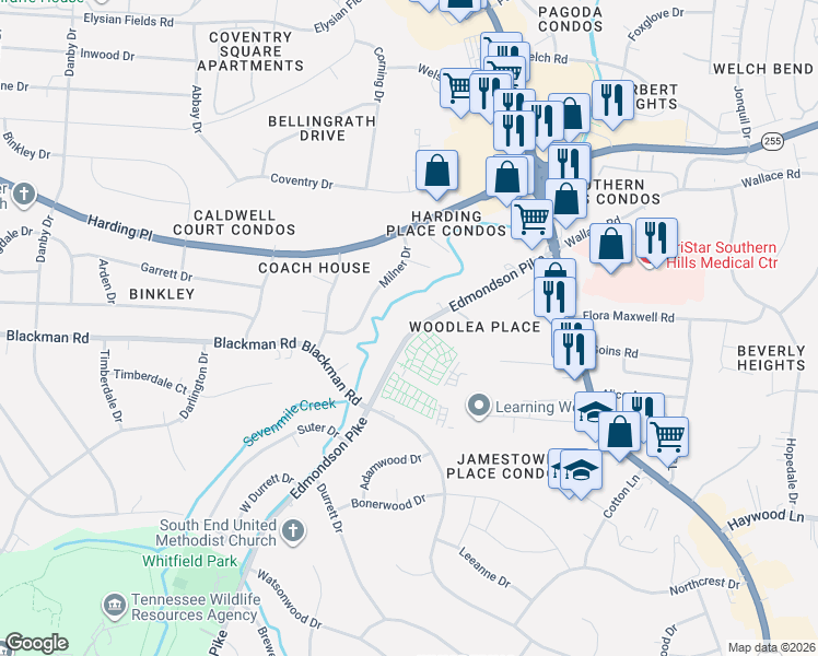 map of restaurants, bars, coffee shops, grocery stores, and more near 4975 Edmondson Pike in Nashville
