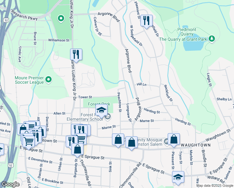 map of restaurants, bars, coffee shops, grocery stores, and more near 1197 Tower Street in Winston-Salem