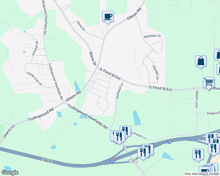 map of restaurants, bars, coffee shops, grocery stores, and more near 1207 Copperstone Village Drive in Mebane