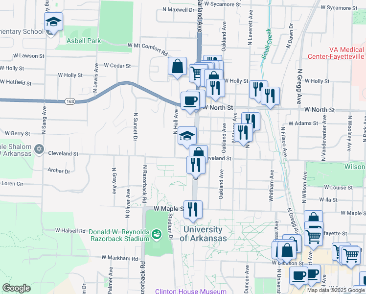 map of restaurants, bars, coffee shops, grocery stores, and more near 1124 Cleveland Street in Fayetteville