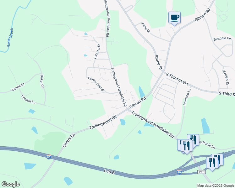 map of restaurants, bars, coffee shops, grocery stores, and more near 807 Trollingwood Road in Haw River
