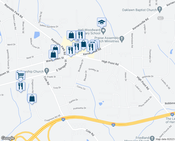map of restaurants, bars, coffee shops, grocery stores, and more near 2325 Blecker Drive in Winston-Salem