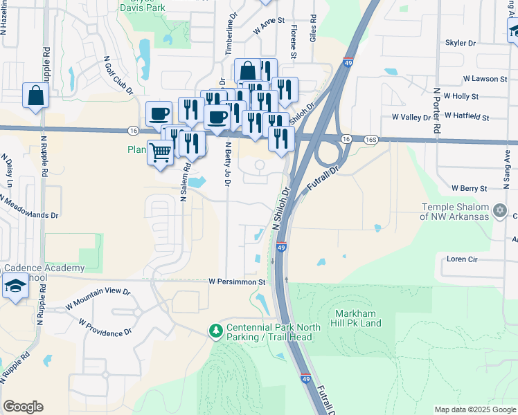 map of restaurants, bars, coffee shops, grocery stores, and more near 3127 West Jewell Road in Fayetteville