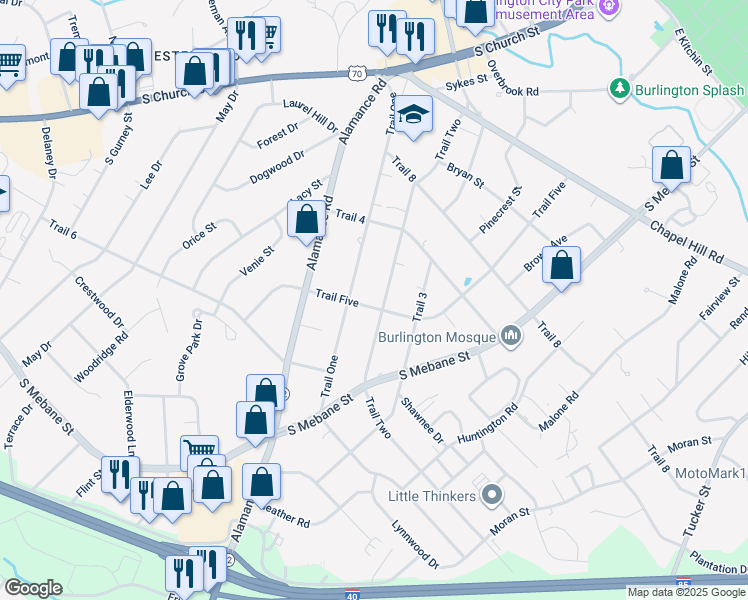 map of restaurants, bars, coffee shops, grocery stores, and more near 2409 Trail Five in Burlington