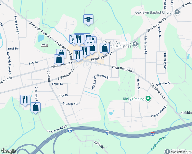 map of restaurants, bars, coffee shops, grocery stores, and more near 2325 Blecker Drive in Winston-Salem
