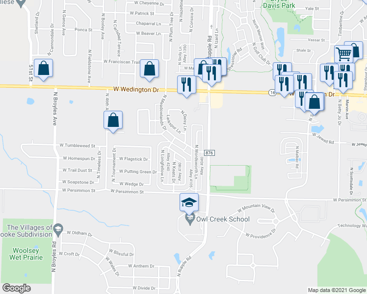 map of restaurants, bars, coffee shops, grocery stores, and more near 667 North Meadowlands Drive in Fayetteville
