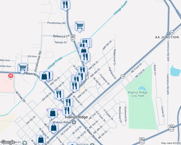 map of restaurants, bars, coffee shops, grocery stores, and more near 67 U.S. 67 Business in Walnut Ridge
