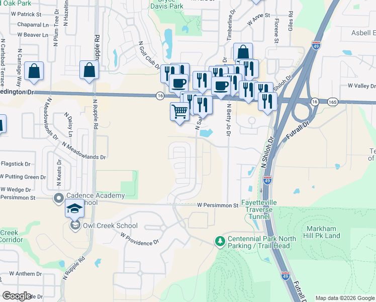 map of restaurants, bars, coffee shops, grocery stores, and more near 707 North Salem Road in Fayetteville