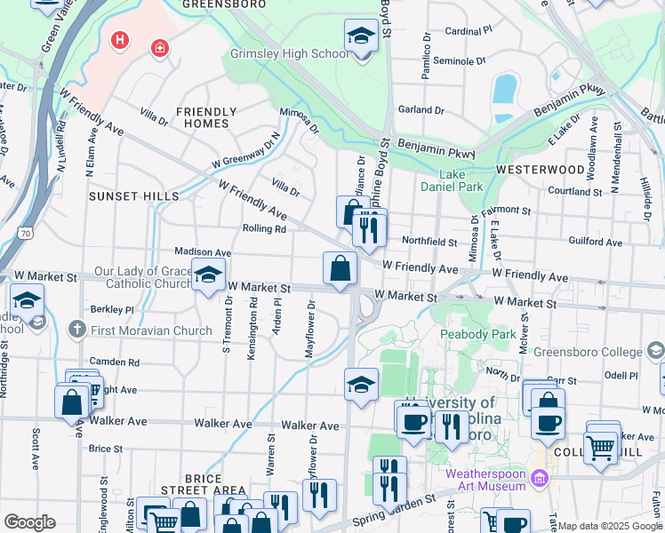map of restaurants, bars, coffee shops, grocery stores, and more near 1713 Madison Avenue in Greensboro