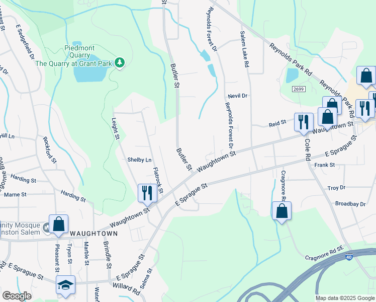 map of restaurants, bars, coffee shops, grocery stores, and more near 1913 Butler Street in Winston-Salem