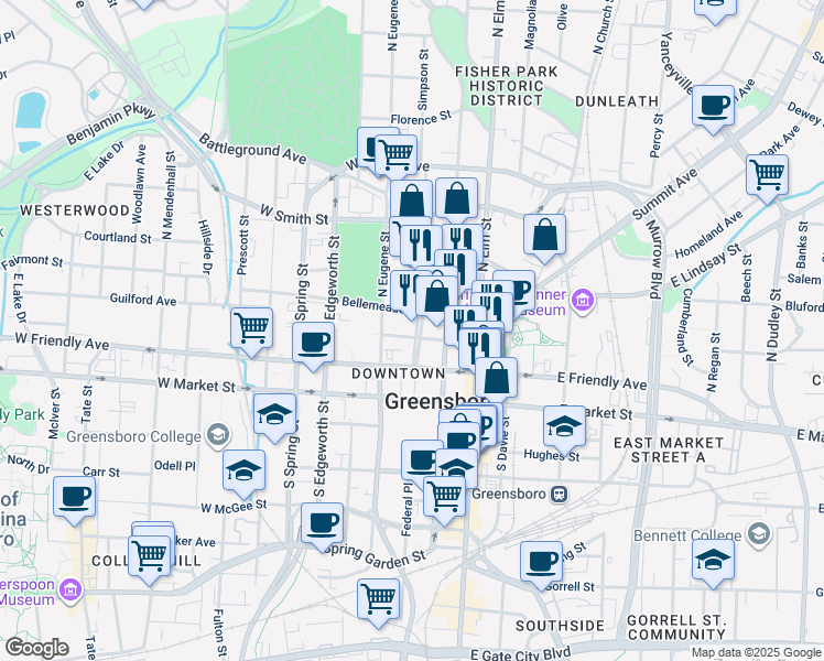 map of restaurants, bars, coffee shops, grocery stores, and more near 233 Commerce Place in Greensboro