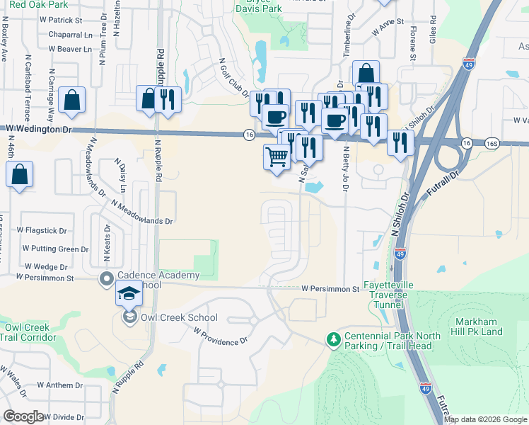 map of restaurants, bars, coffee shops, grocery stores, and more near 740 North Malbec Road in Fayetteville