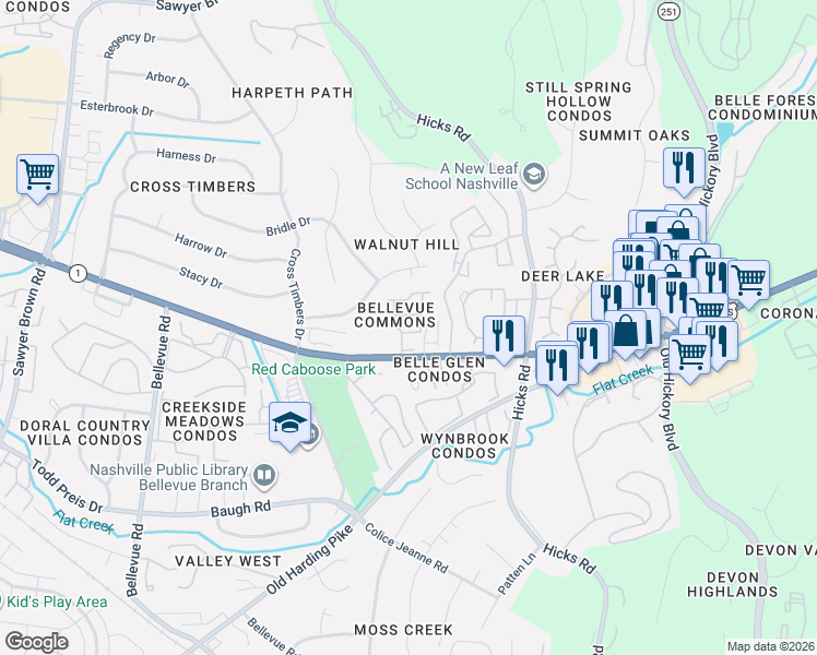 map of restaurants, bars, coffee shops, grocery stores, and more near 7252 Highway 70 South in Nashville