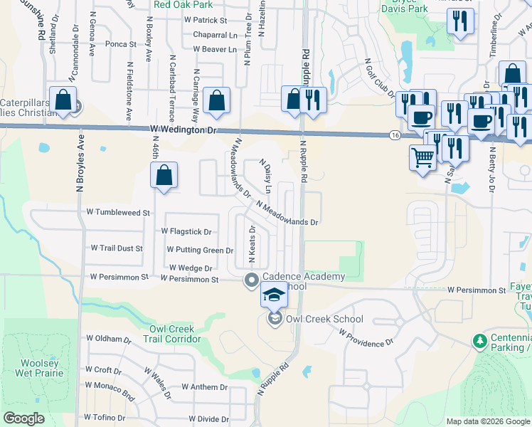 map of restaurants, bars, coffee shops, grocery stores, and more near 662 North Daisy Lane in Fayetteville