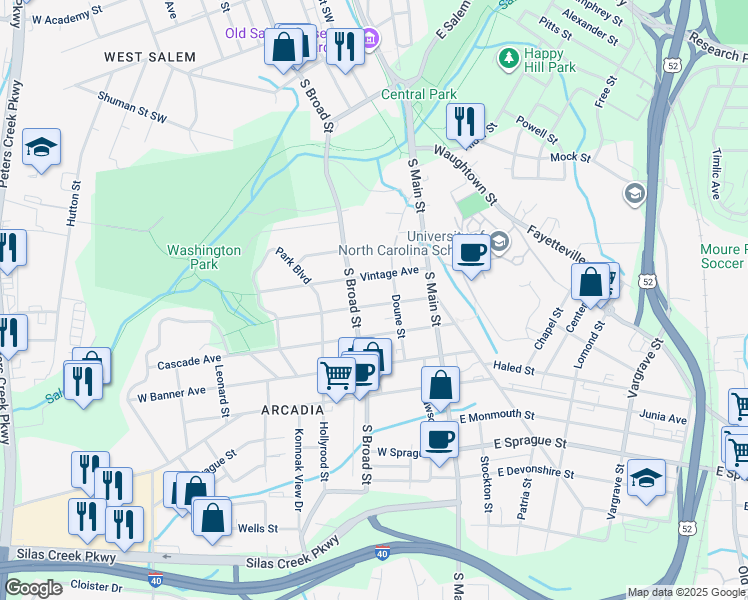 map of restaurants, bars, coffee shops, grocery stores, and more near 119 Gloria Avenue in Winston-Salem