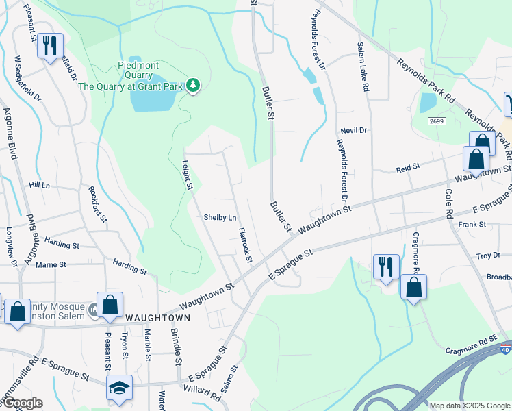 map of restaurants, bars, coffee shops, grocery stores, and more near 1909 Lyons Street in Winston-Salem