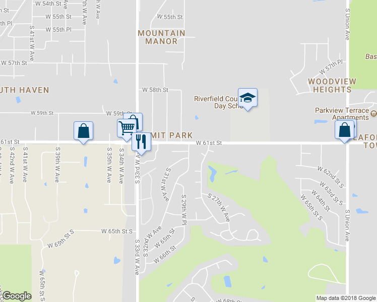 map of restaurants, bars, coffee shops, grocery stores, and more near 6116 South 29th West Avenue in Tulsa