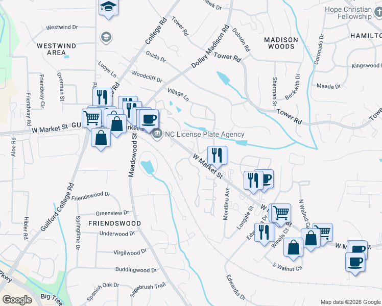 map of restaurants, bars, coffee shops, grocery stores, and more near 5600 West Market Street in Greensboro