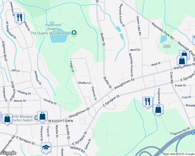 map of restaurants, bars, coffee shops, grocery stores, and more near 1909 Lyons Street in Winston-Salem