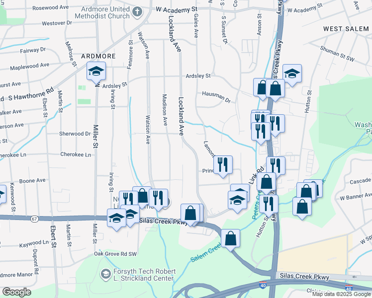 map of restaurants, bars, coffee shops, grocery stores, and more near 1212 Lockland Terrace in Winston-Salem