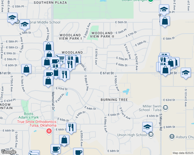 map of restaurants, bars, coffee shops, grocery stores, and more near 8720 East 61st Street in Tulsa