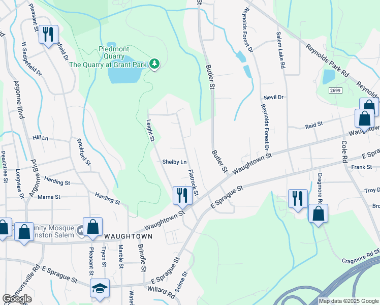 map of restaurants, bars, coffee shops, grocery stores, and more near 1875 Flatrock Street in Winston-Salem