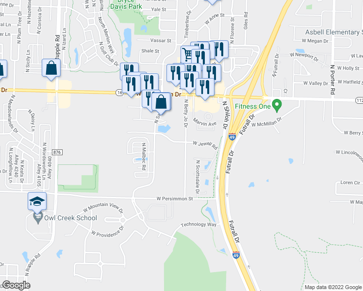 map of restaurants, bars, coffee shops, grocery stores, and more near 691 North Betty Jo Drive in Fayetteville