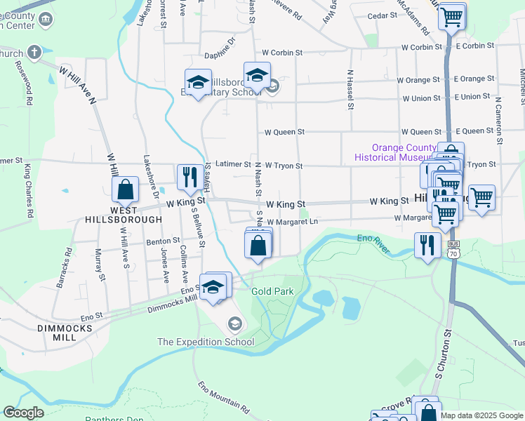 map of restaurants, bars, coffee shops, grocery stores, and more near 105 South Nash Street in Hillsborough