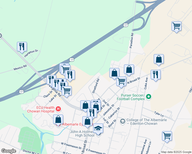 map of restaurants, bars, coffee shops, grocery stores, and more near 243 Hawthorne Road in Edenton