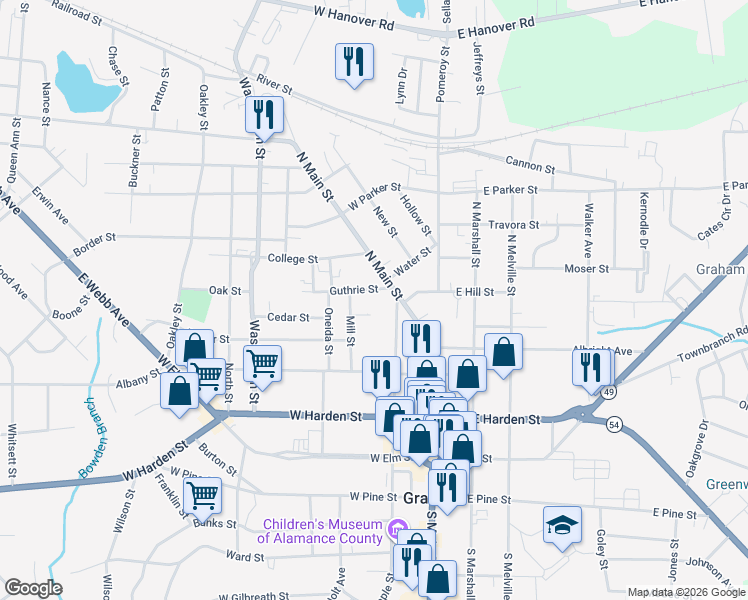 map of restaurants, bars, coffee shops, grocery stores, and more near 206 Guthrie Street in Graham