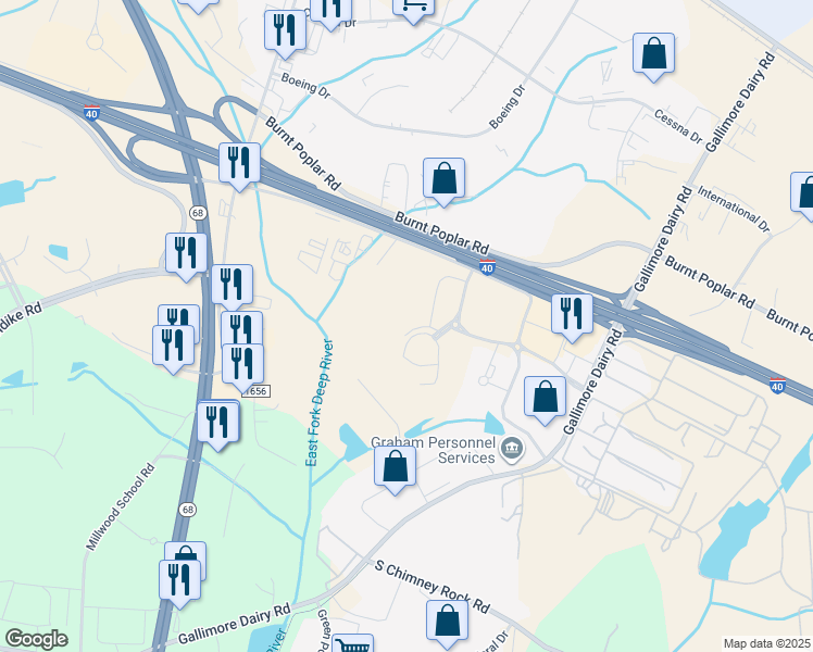 map of restaurants, bars, coffee shops, grocery stores, and more near 7027 Albert Pick Road in Greensboro
