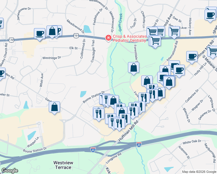 map of restaurants, bars, coffee shops, grocery stores, and more near 713 Boone Station Drive in Burlington