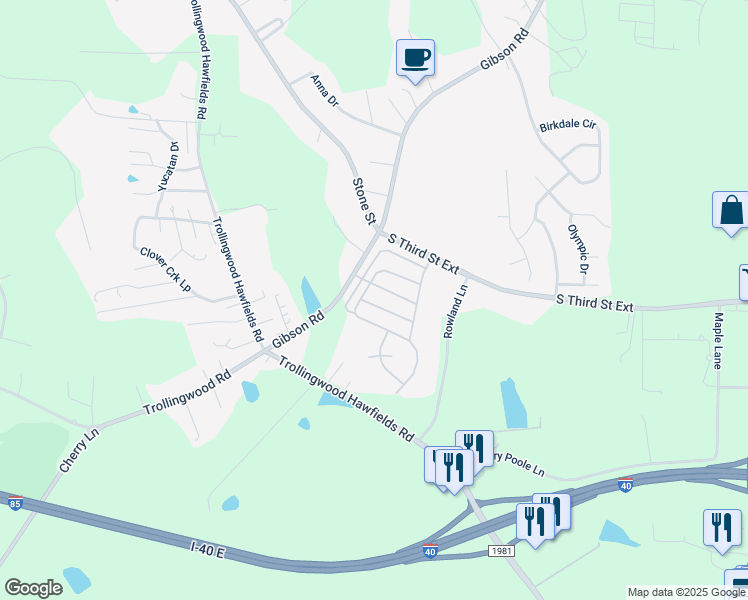 map of restaurants, bars, coffee shops, grocery stores, and more near 1322 Silver Drive in Mebane