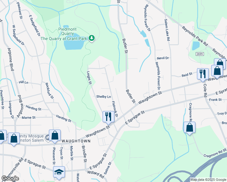 map of restaurants, bars, coffee shops, grocery stores, and more near 1875 Flatrock Street in Winston-Salem