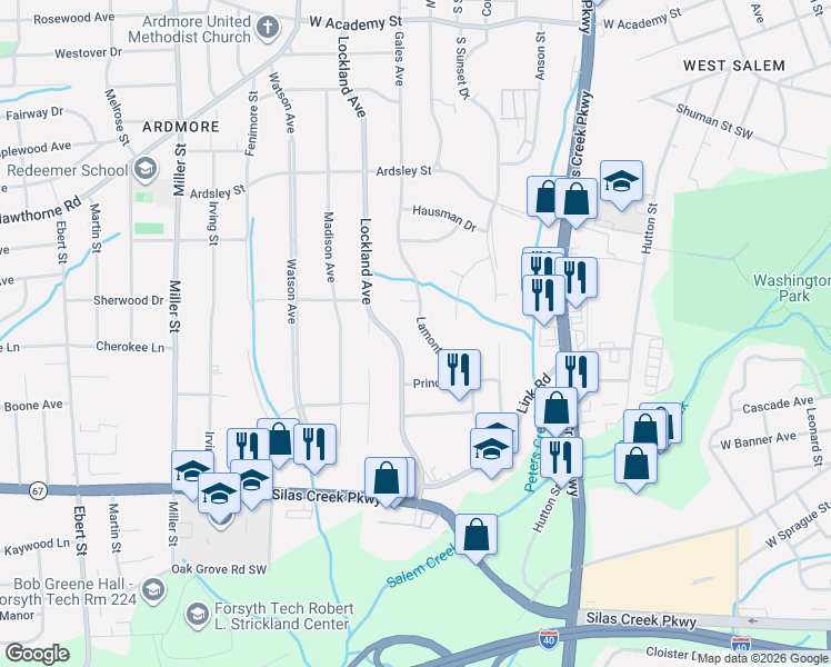 map of restaurants, bars, coffee shops, grocery stores, and more near 1117 Lockland Avenue in Winston-Salem