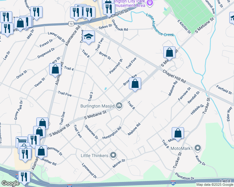 map of restaurants, bars, coffee shops, grocery stores, and more near 407 Trail 8 in Burlington