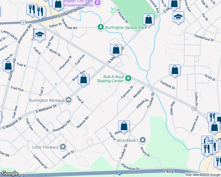 map of restaurants, bars, coffee shops, grocery stores, and more near 1743 Malone Road in Burlington