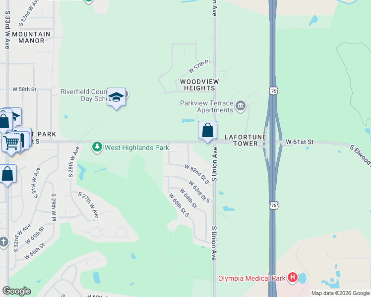 map of restaurants, bars, coffee shops, grocery stores, and more near 6101 South Waco Avenue in Tulsa