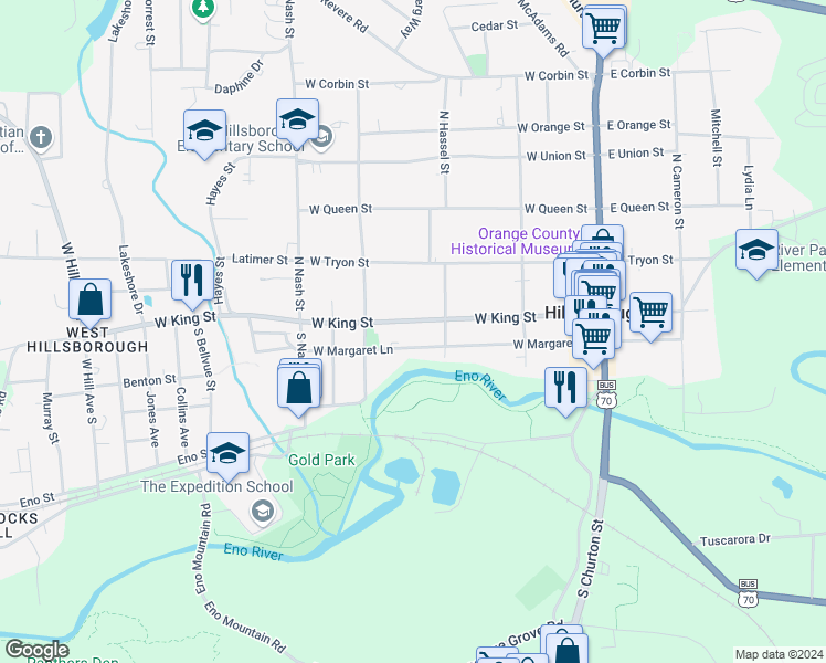 map of restaurants, bars, coffee shops, grocery stores, and more near 315 West King Street in Hillsborough