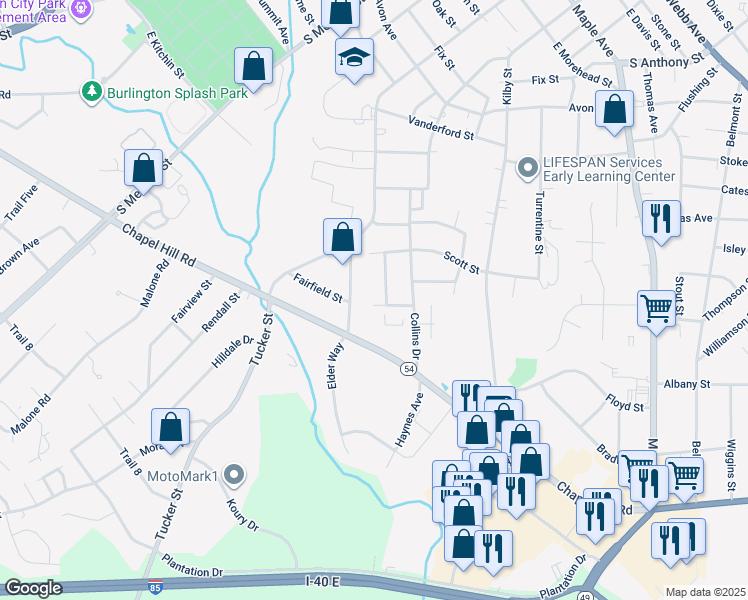 map of restaurants, bars, coffee shops, grocery stores, and more near 822 Fairfield Street in Burlington